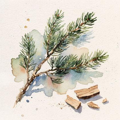Branch of cedar tree next to few chips of wood