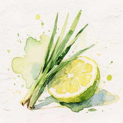 A lemongrass plant next to half gree lime.