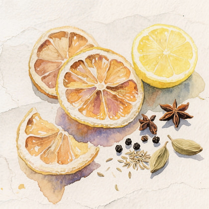 a few slices of dried citrus fruits with a fresh lemon and a few spice seeds on the side: cloves, cardamom, black pepper, cumin seeds.