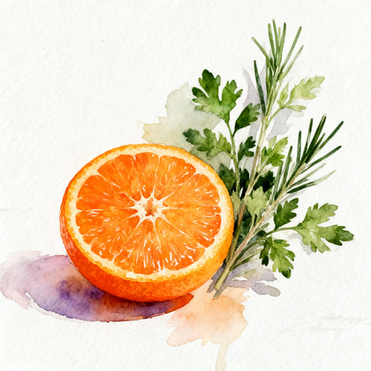 A half of juicy orange next to coriander and Persil herbs