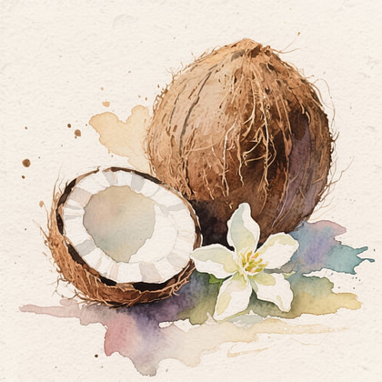 coconut next to another open one and a jasmine flower