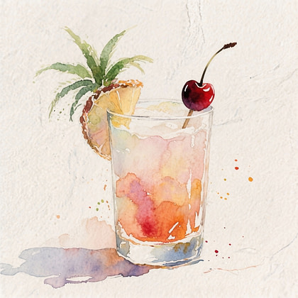 A tropical cocktail with a cherry on a stick in the glass