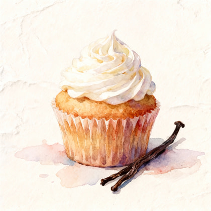 Cupcake with whipped cream next to a dark vanilla pod