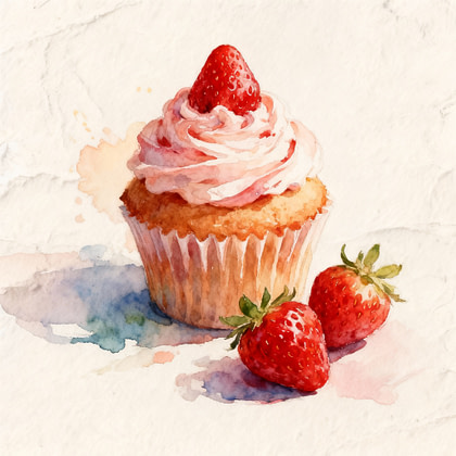 A cupcake with whipped cream and strawberry on the top, next to two small and fresh strawberries fresh strawberries.