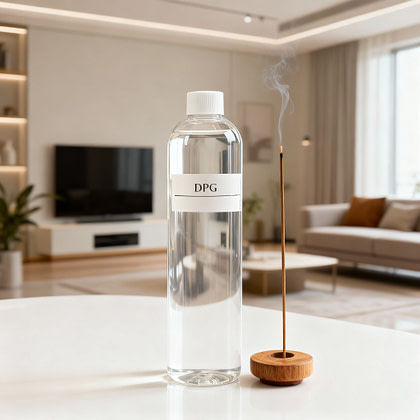 incense burning next to a bottle of DPG, with a home setting in the background