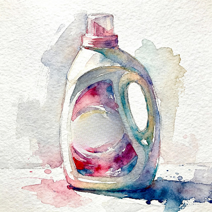 a watercolor painting of a bottle of laundry detergent