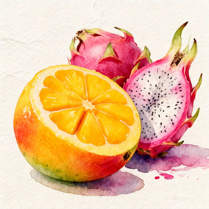 Half juicy mango next to dragon fruit