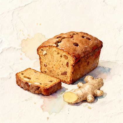 A bread cake next to a slice and fresh ginger