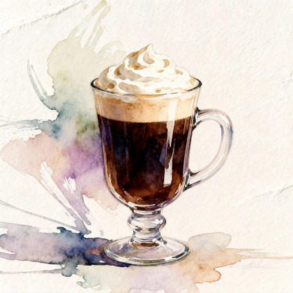 A transparent glass of coffee with whipped cream.