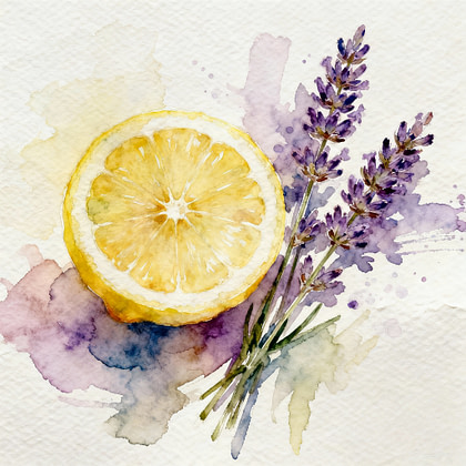 Half juicy lemon next to fresh lavender herbs.