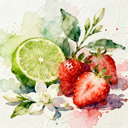 Green juicy lime next to fresh strawberries and jasmine flower