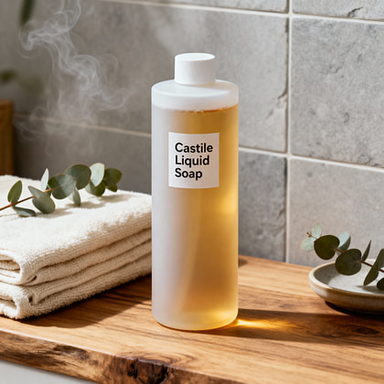 Frosted white bottle with golden or amber-hued natural soap liquid inside