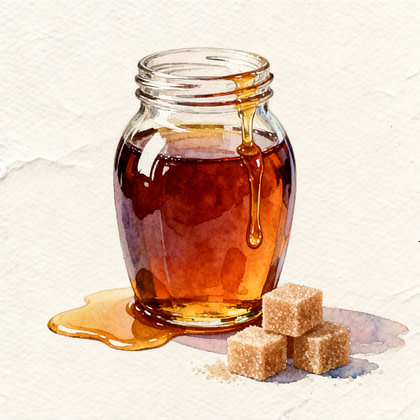 A honey clear jar next to three cubes of brown sugar