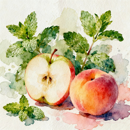 Many green mint leaves, juicy apple next to juicy peach.