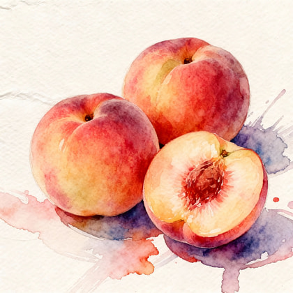 Two juicy peaches next to half one