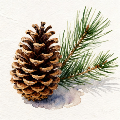 Pinecone next to green pine needles.