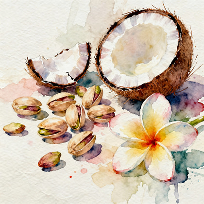 cracked pistachios with scattered nuts, an opened creamy coconut, and tropical flower