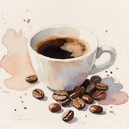a watercolor painting of coffee beans and a cup of coffee