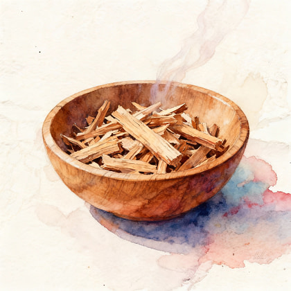 Wooden bowl with wood sticks and chips burning inside