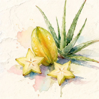 A yellow star fruits next to an Aloe Vera plant