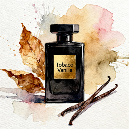 Dark fashion perfume bottle labeled "Tobacco Vanille" set against a stylish black and gold background, accompanied by a few dried tobacco leaves and two vanilla pods.