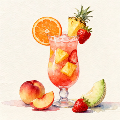 A glass of cocktail juice next to many fruits slices and chunks