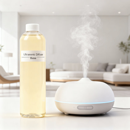 A clear bottle next to ultrasonic diffuser with living room at the background.