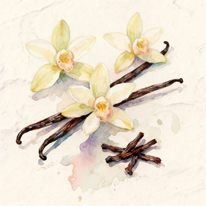 Three vanilla flowers next to two long pods with few dark brown chunks