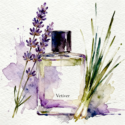 A luxuary square and transparent perfume bottle between a branch of lavender and green vetiver.