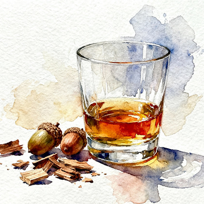 glass of whiskey next to wood chips and few oaks