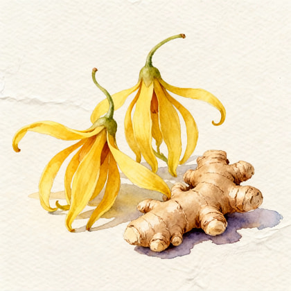 Two yellow flowers next to a piece of fresh ginger