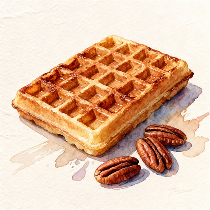 Toasted waffle next to few pecans