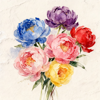 a bouquet of pink, blue, red, purple and yellow flowers