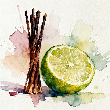 a watercolor painting of a lime and a piece of wood