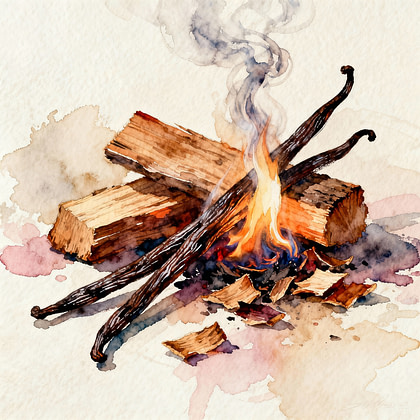 wood and vanilla beans burning on fire with smoke