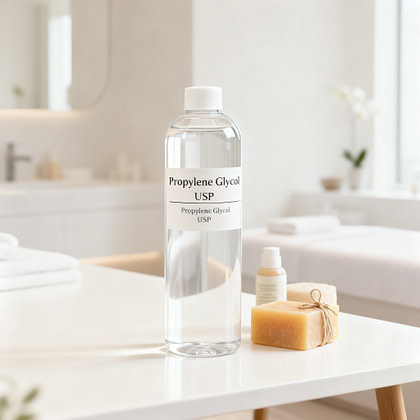 A clear bottle with the sticker Propylene Glycyole next to soap bar in a spa scene
