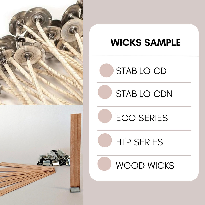 Cotton and wood wicks left square and pack description in the right side