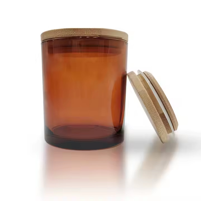 a glass jar with a wooden lid on a white background