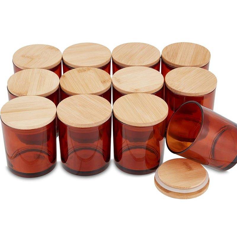 six glass jars with wooden lids and lids