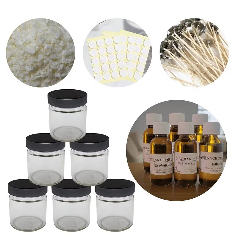 various items including jars, wicks, and wax and bottles of fragrances