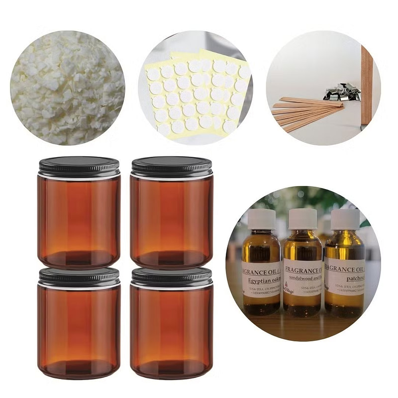 Elements of candle making, various amber jars, fragrance oils and other items