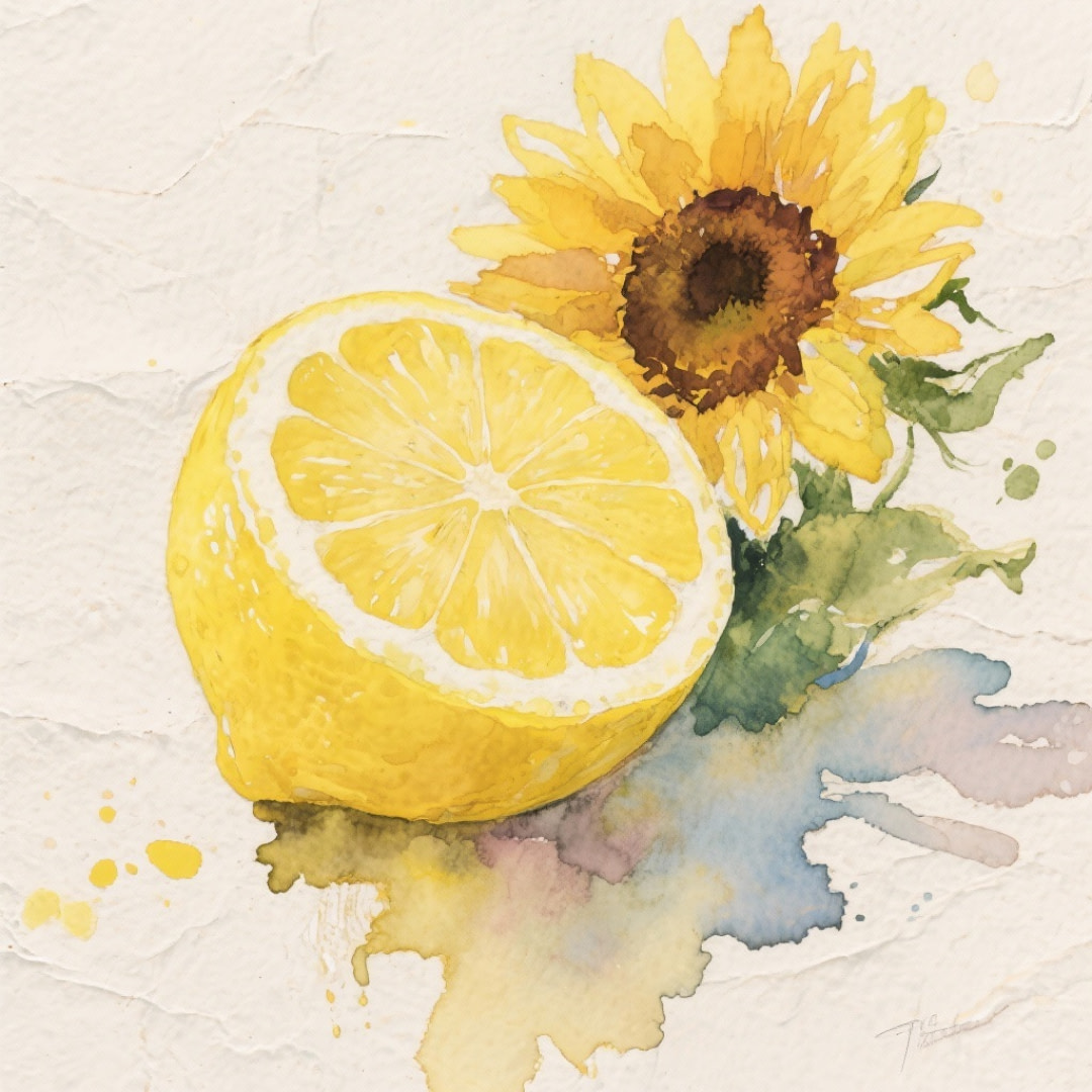 A yellow complete lemon next to a sunflower