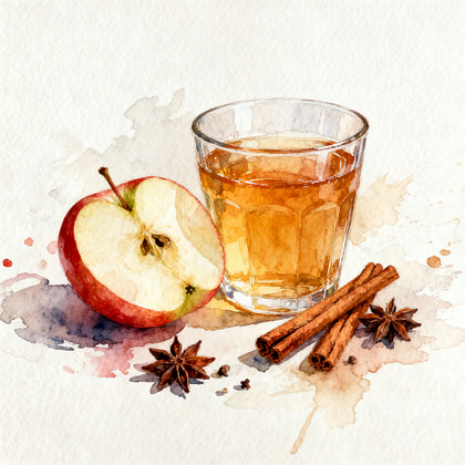 A glass of apple cider next to half juicy apple, cinnamon sticks and spices.