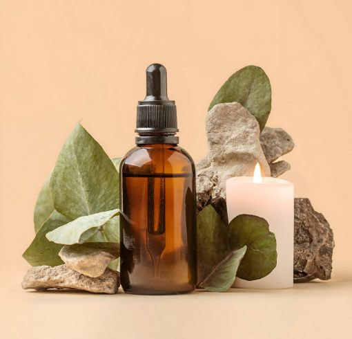 fragrance oil bottle with eucalyptus leaves and a candle on a beige background